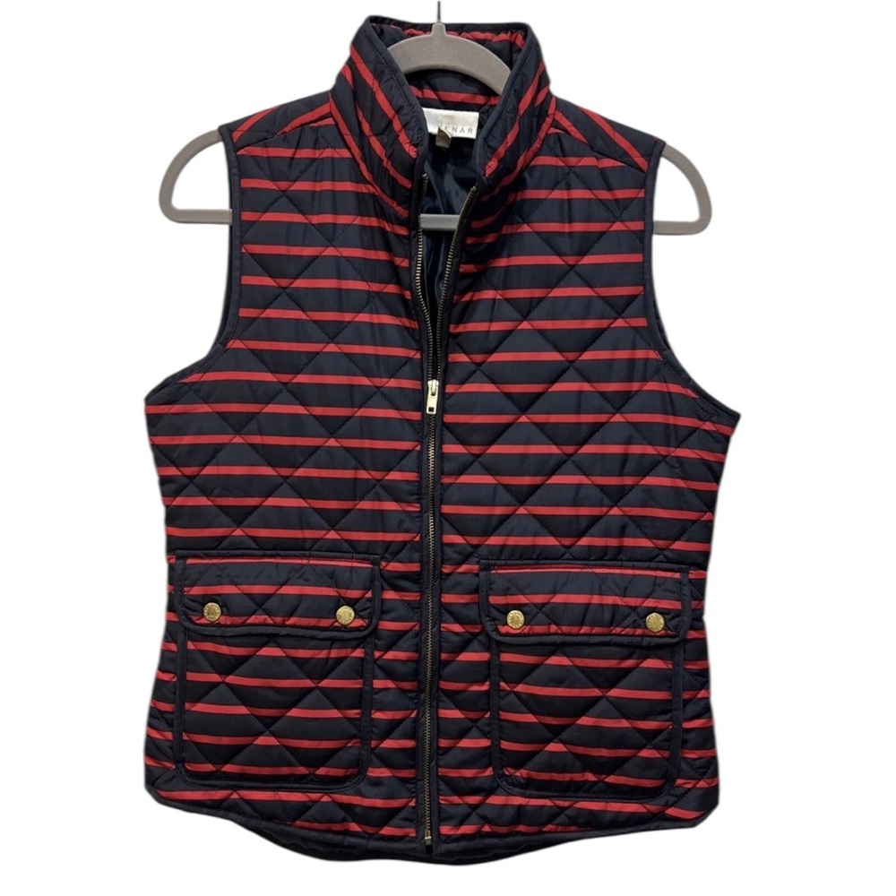 Kenar Red & Navy Striped Quilted Vest 2‎ Front Zipper Pockets Women’s SZ L